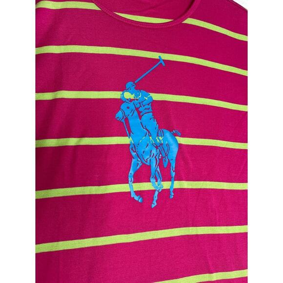 Polo Ralph Lauren Golf Big Pony Pink Lime Green Stripe Tshirt sz XL Preppy - Picture 2 of 7